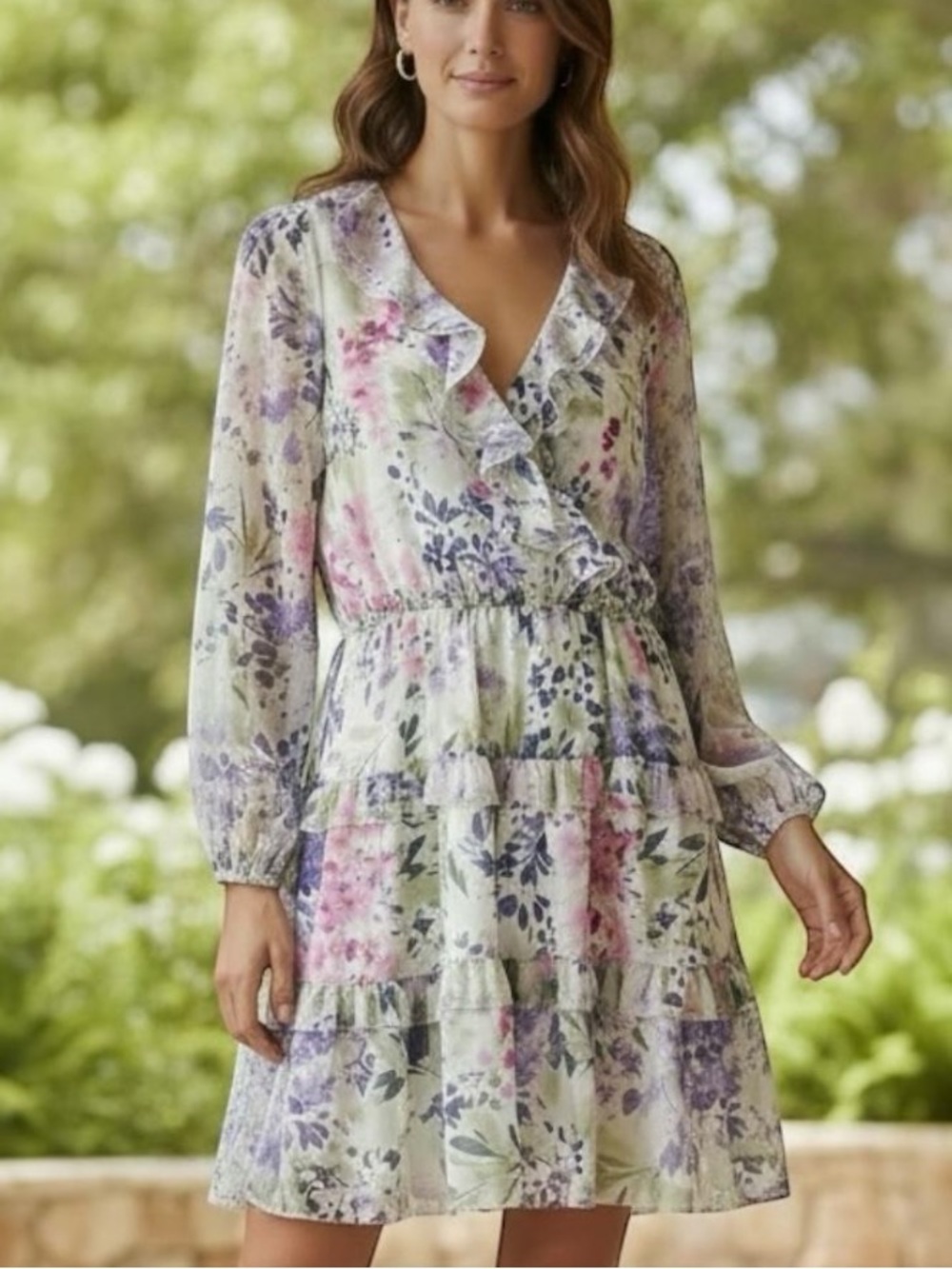 Lauren Ralph Lauren Cream Floral Crinkle Georgette Dress NWT Size 14